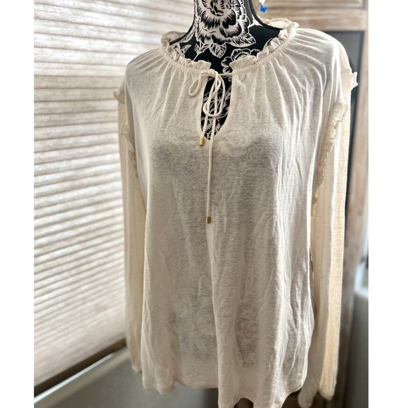 Ralph Lauren Top Women's Plus Size 2X Ivory Linen Blend Ruffled Neck Boho Blouse - Picture 1 of 12
